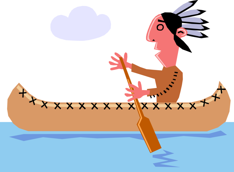 Vector Illustration of Old West North American Native Indian Paddles Birch Bark Canoe