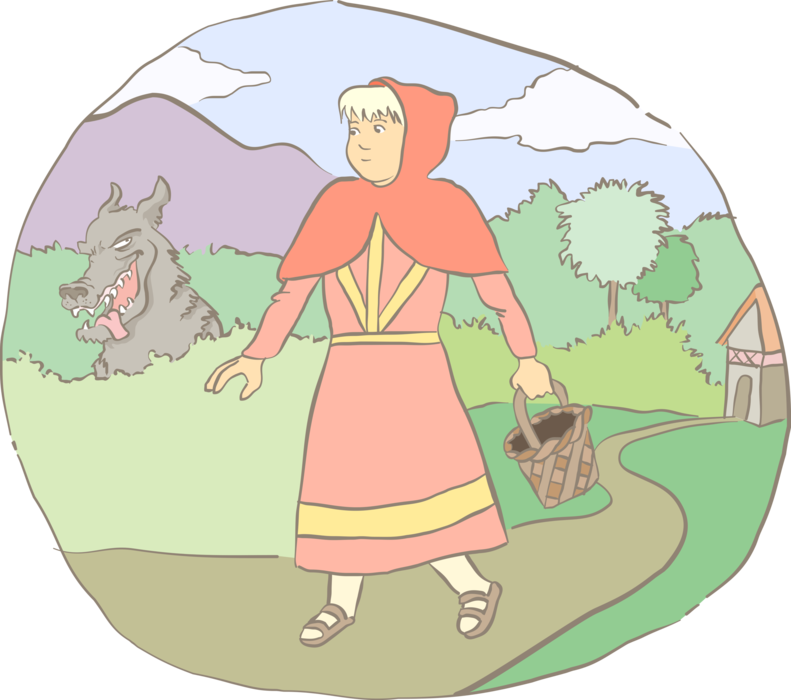 Vector Illustration of Little Red Riding Hood from Fairy Tale Walking to Grandma's House