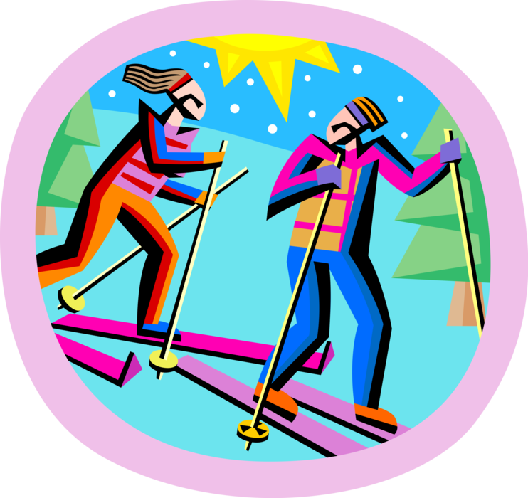 Vector Illustration of Winter Cross-Country Skiers Skiing Through Snow
