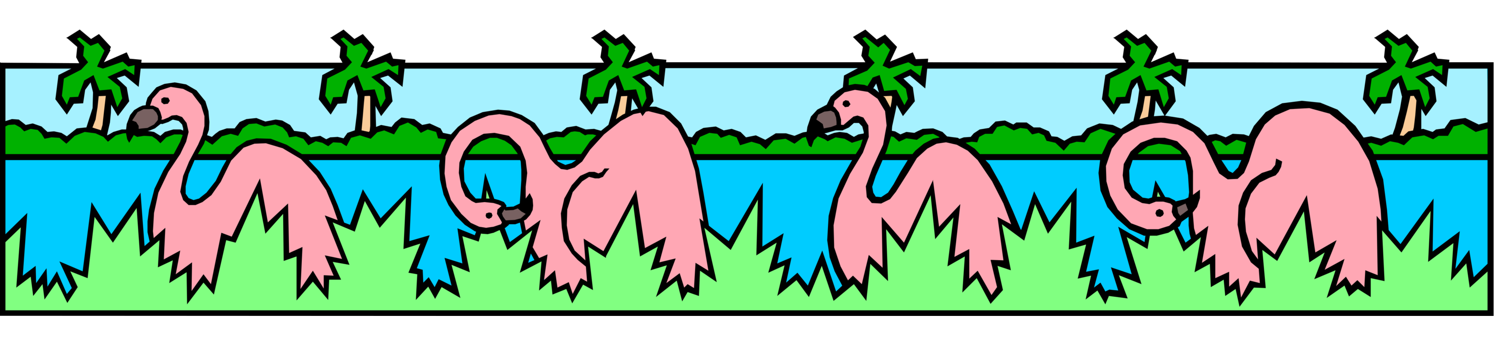 Vector Illustration of Four Pink Flamingos with Water and Palm Trees