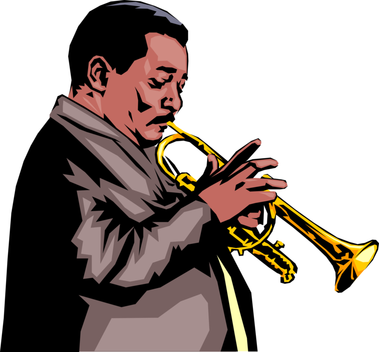 Vector Illustration of Jazz Musician Plays Trumpet Brass Musical Instrument