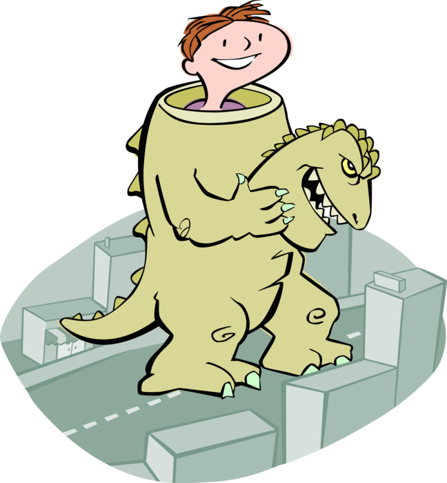 Vector Illustration of Boy in Godzilla Monster Costume Gets Ready for Costume Party