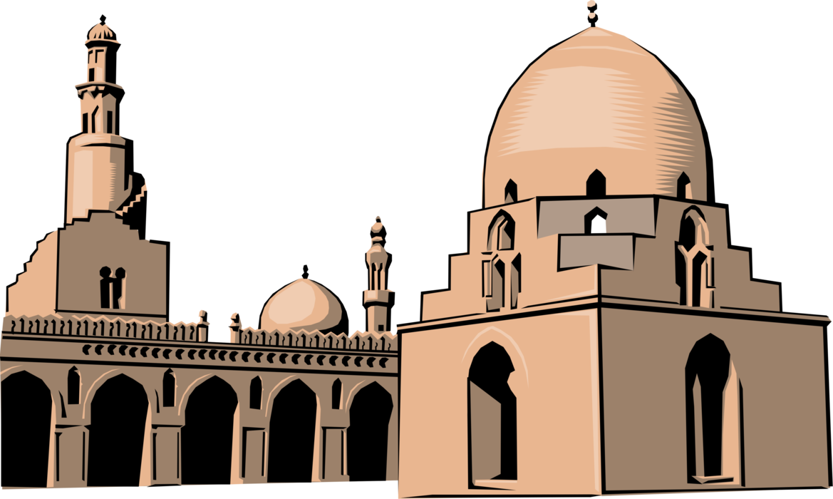 Vector Illustration of Islamic Mosque Muslim Temple Place of Public Worship in Islam with Minaret Towers
