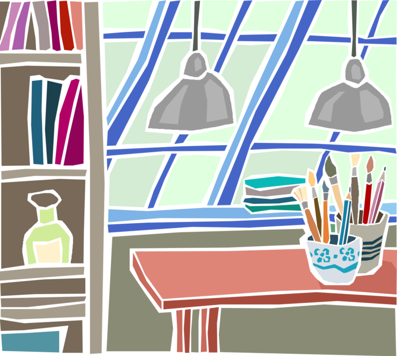 Vector Illustration of Home Work Desk with Artist's Paintbrushes in Loft
