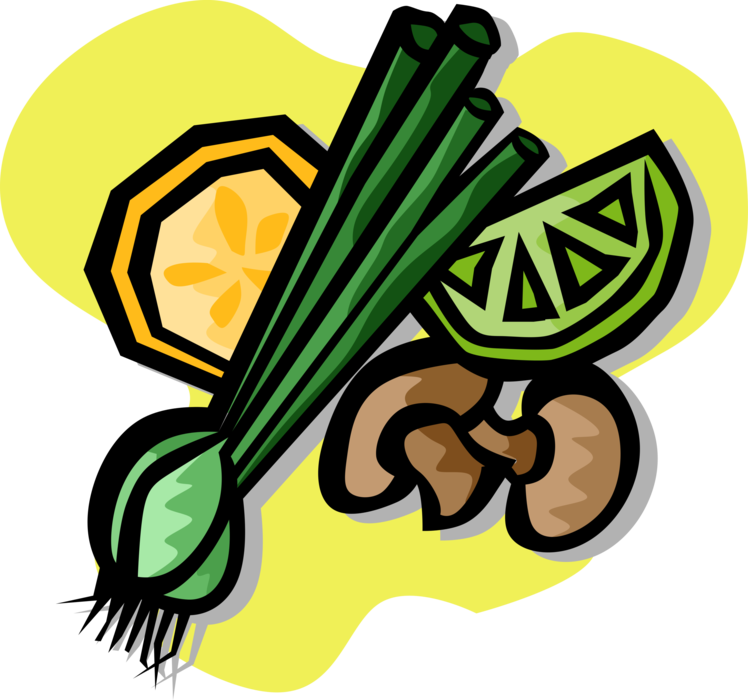 Vector Illustration of Green Onion Vegetables with Mushrooms and Lime and Lemon Wedges