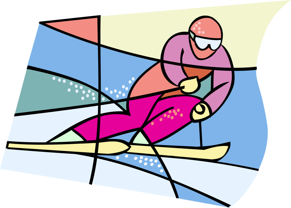 Vector Illustration of Olympic Sports Alpine Downhill Slalom Skier Skiing Through Gates in Race