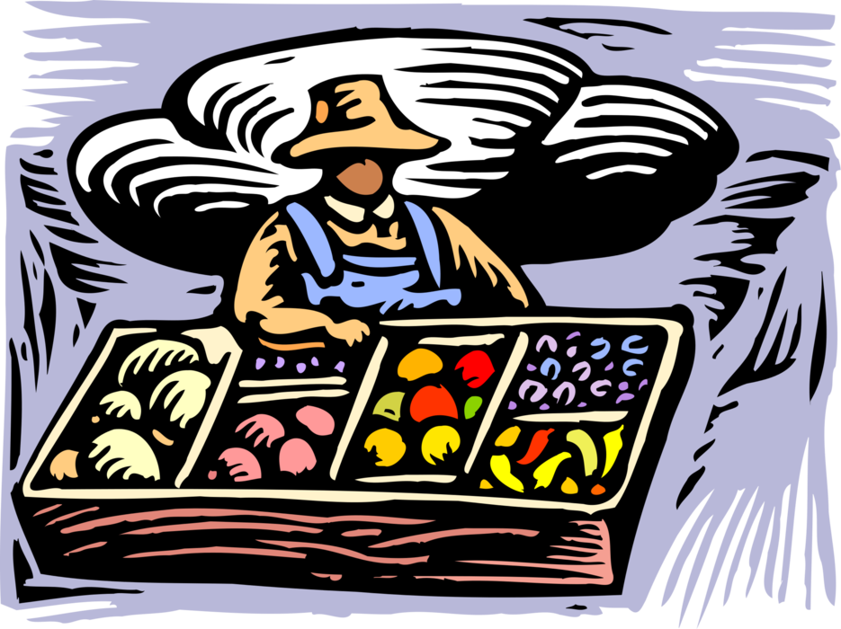 Vector Illustration of Farmer's Market Vendor Sells Fresh Local Produce Fruit and Vegetables