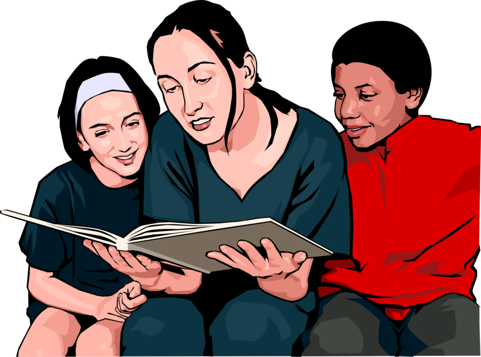 Vector Illustration of Children with Teacher Reading Story From Book