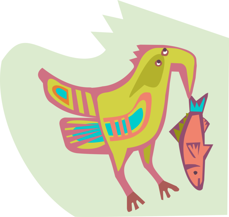 Vector Illustration of Feathered Bird and Fish