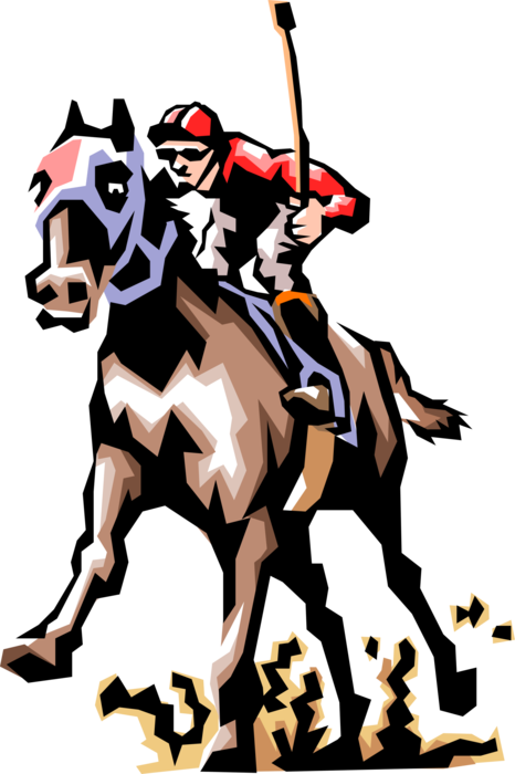 Vector Illustration of Jockey on Horseback in Horse Race on Muddy Track