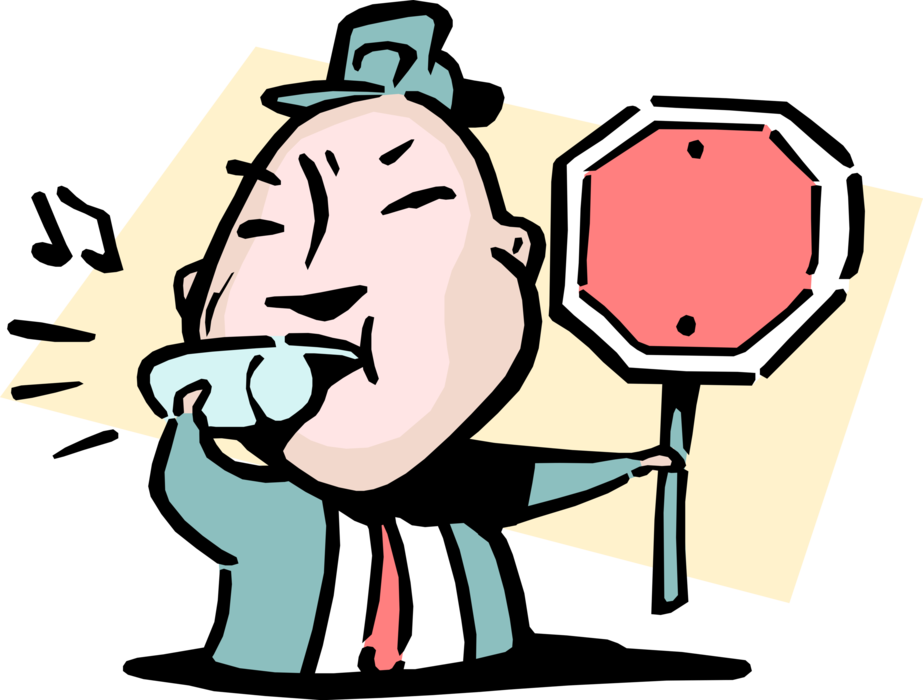 Vector Illustration of Businessman Blows Whistle with Stop Sign