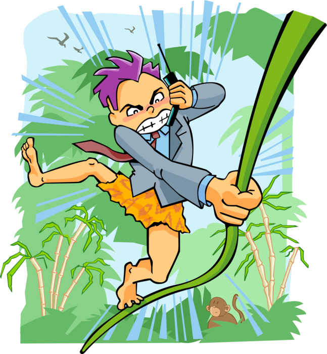 Vector Illustration of Businessman in Natural Jungle Swings on Vine