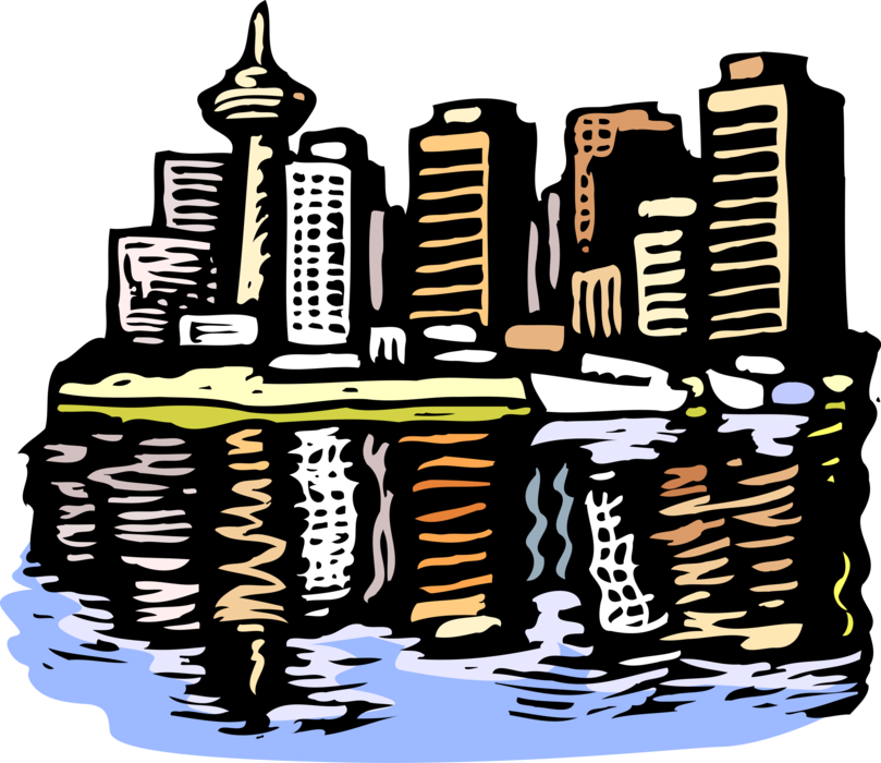 Vector Illustration of Seattle Skyline with Space Needle and Harbor, Washington State