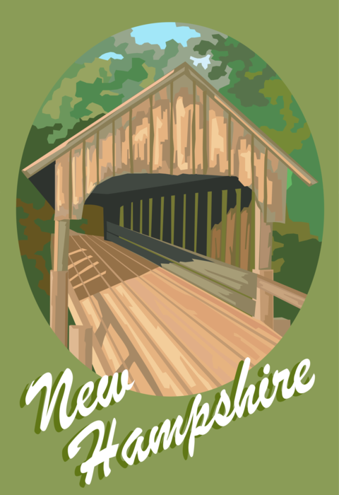 Vector Illustration of New Hampshire Postcard Design Covered Wooden Bridge