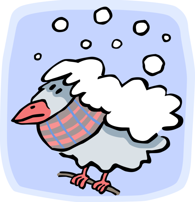 Vector Illustration of Feathered Bird in Winter Snowstorm Covered in Snow