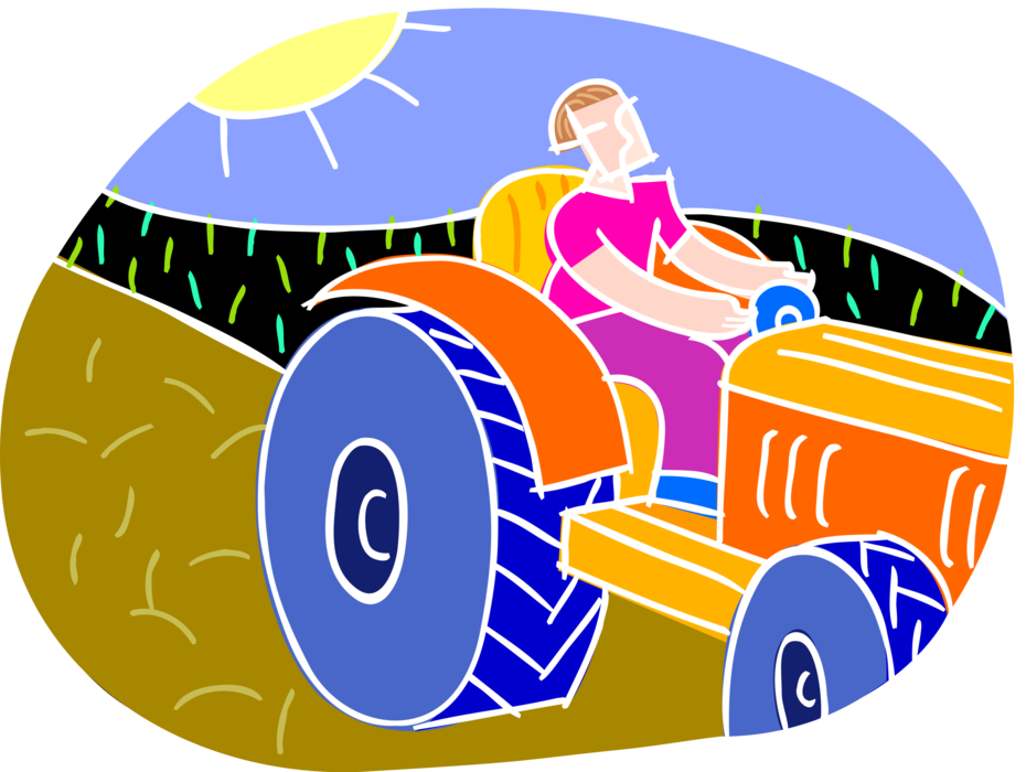 Vector Illustration of Farmer Drives Equipment Tractor in Field