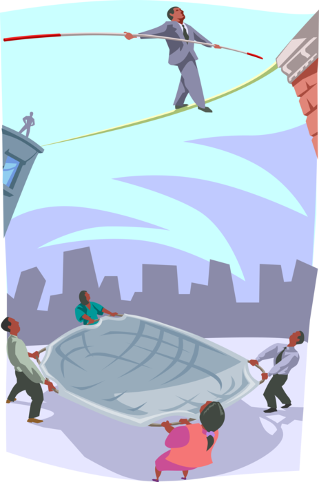 Vector Illustration of Businessman Walks Tightrope While Co-Workers Hold Safety Net