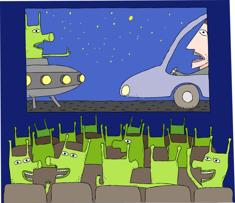 Vector Illustration of Aliens Enjoy Watching Science Fiction Cinematic Movie Films