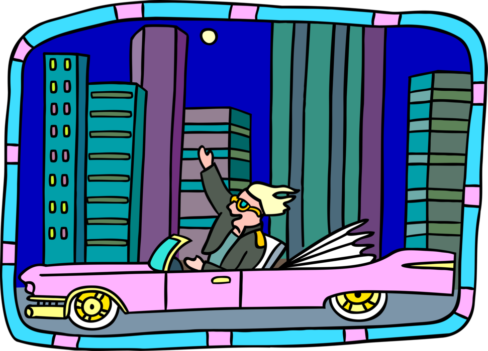 Vector Illustration of Big Shot Cruising Through City at Night in Luxury Convertible Cadillac