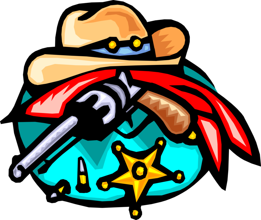 Vector Illustration of Symbols of the Old West Include Cowboy Hat, Gun, and Sheriff's Badge