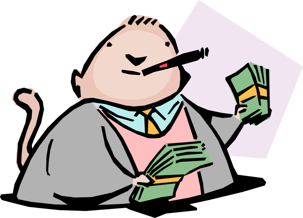 Vector Illustration of Fat Cat Idiom Businessman Smokes Cigar with Money Cash Dollars