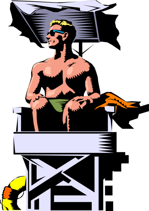 Vector Illustration of Lifeguard Keeping Watch on Beach Swimmers