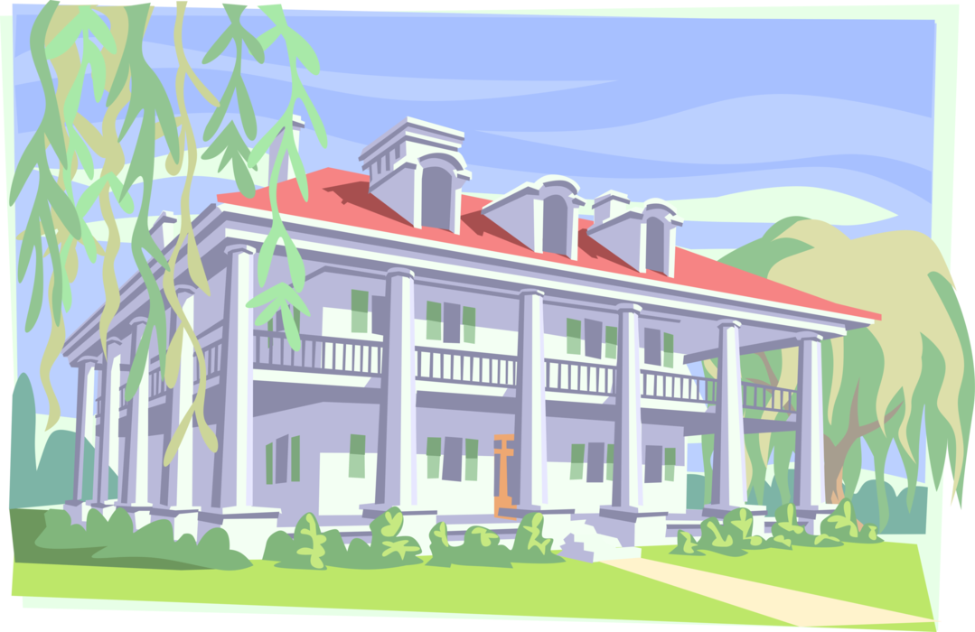 Vector Illustration of Southern United States Palladian-Inspired Plantation Mansion