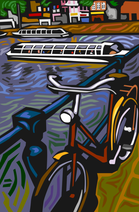 Vector Illustration of Bicycle Locked to Canal Railing in Amsterdam, Holland The Netherlands