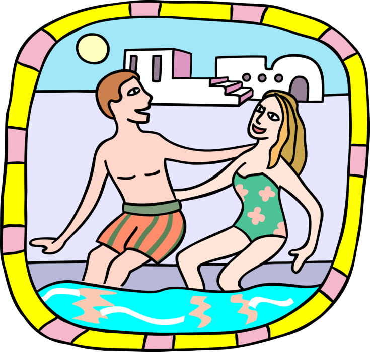 Vector Illustration of Romantic Vacation Couple Poolside at Holiday Resort