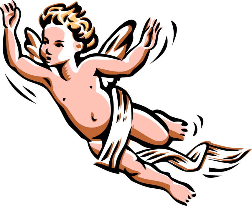 Vector Illustration of Angelic Spiritual Cherub Angel with Wings Flying Up and Away