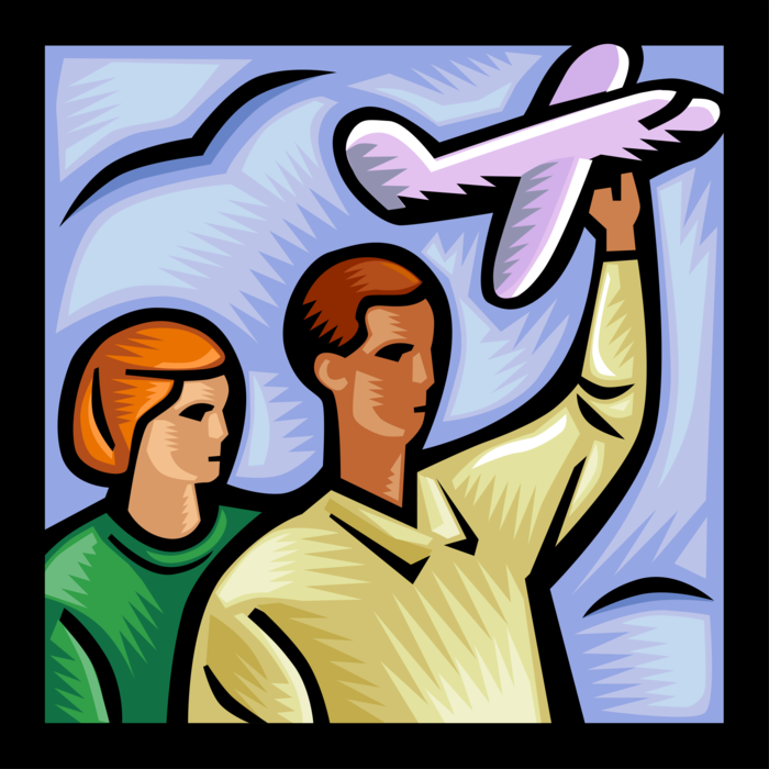 Vector Illustration of Child Holds Model Jet Airline Airplane in Simulated Flight