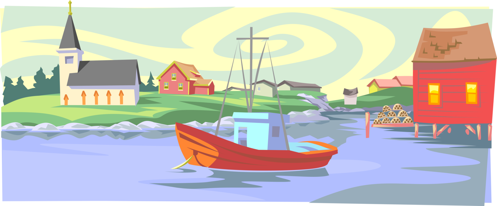 Vector Illustration of Fishing Boat Anchored in Harbor of Fishing Village