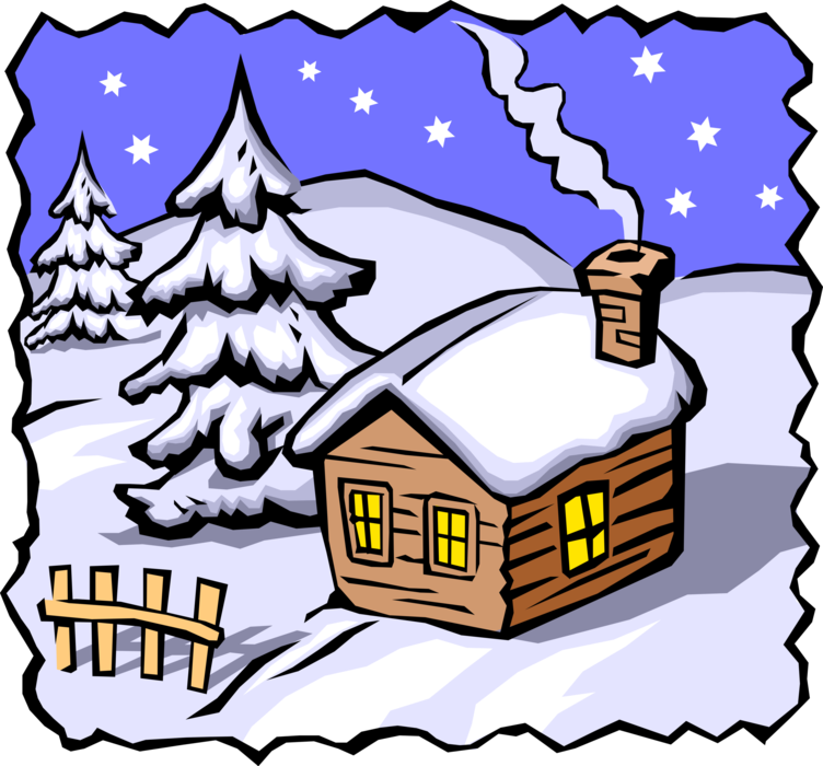 Vector Illustration of Winter Scenes with Cabin and Snow Covered Landscape