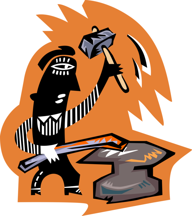 Vector Illustration of Metalsmith Craftsman Blacksmith Hammers Wrought Iron by Forging the Metal