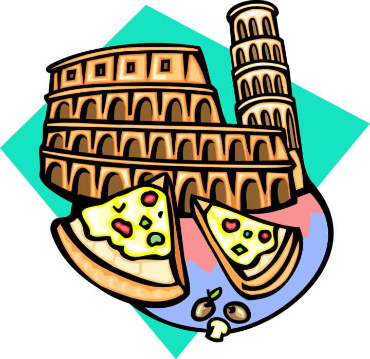 Vector Illustration of Italian Pizza with Coliseum Amphitheatre in Rome and Leaning Tower of Pisa