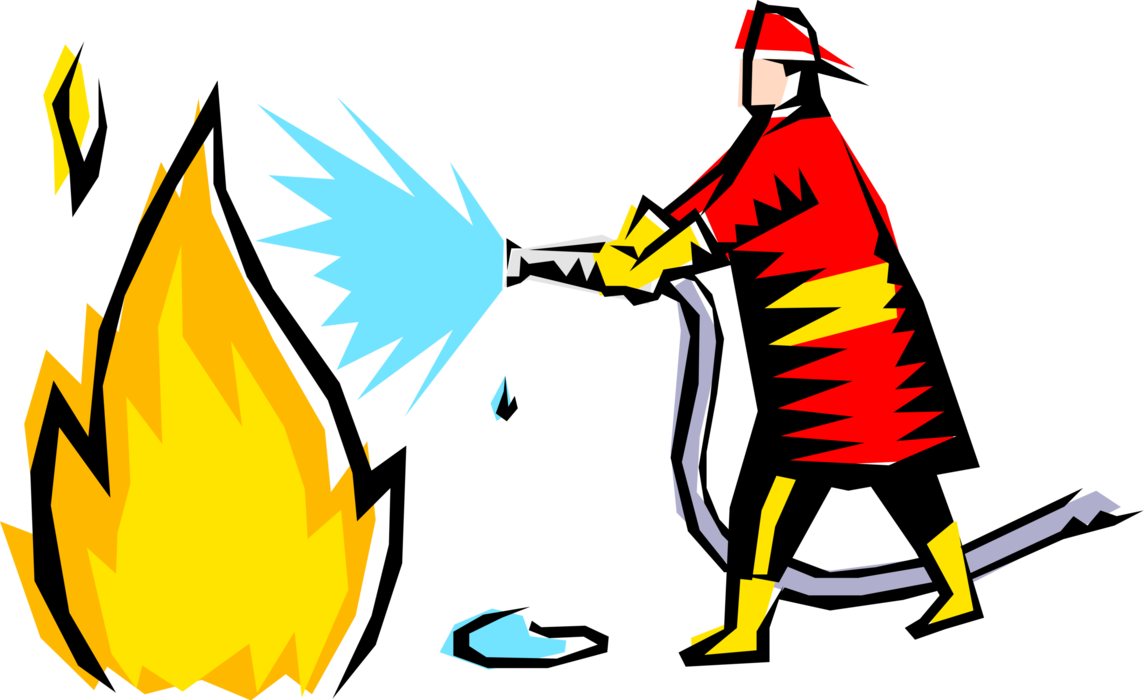 Vector Illustration of Firefighter Fights Fire with High-Pressure Fire Hose and Water