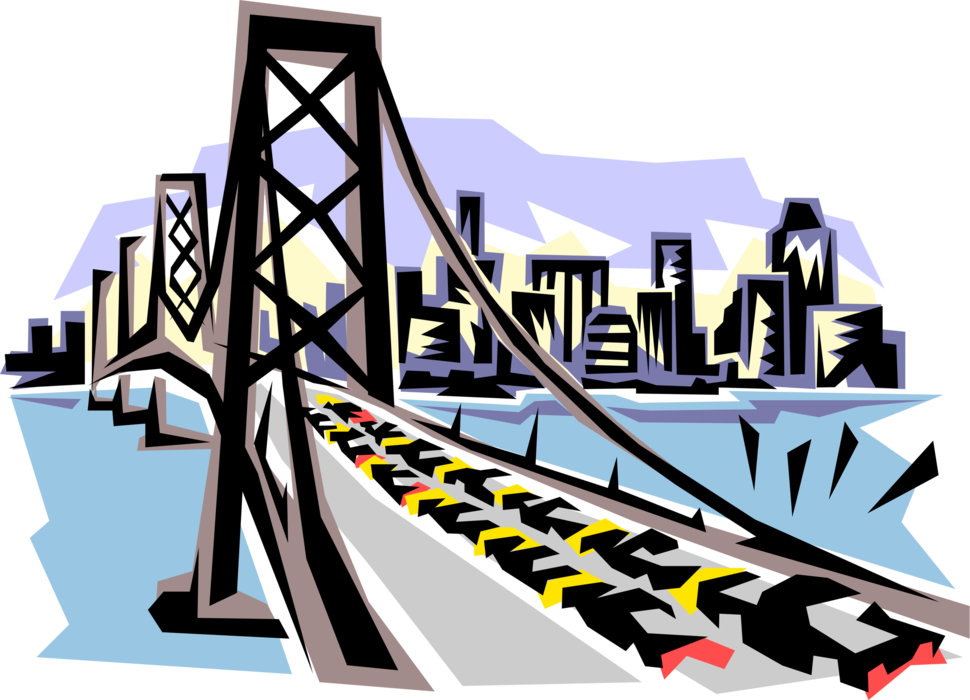 Vector Illustration of Suspension Bridge with Heavy Rush Hour Traffic