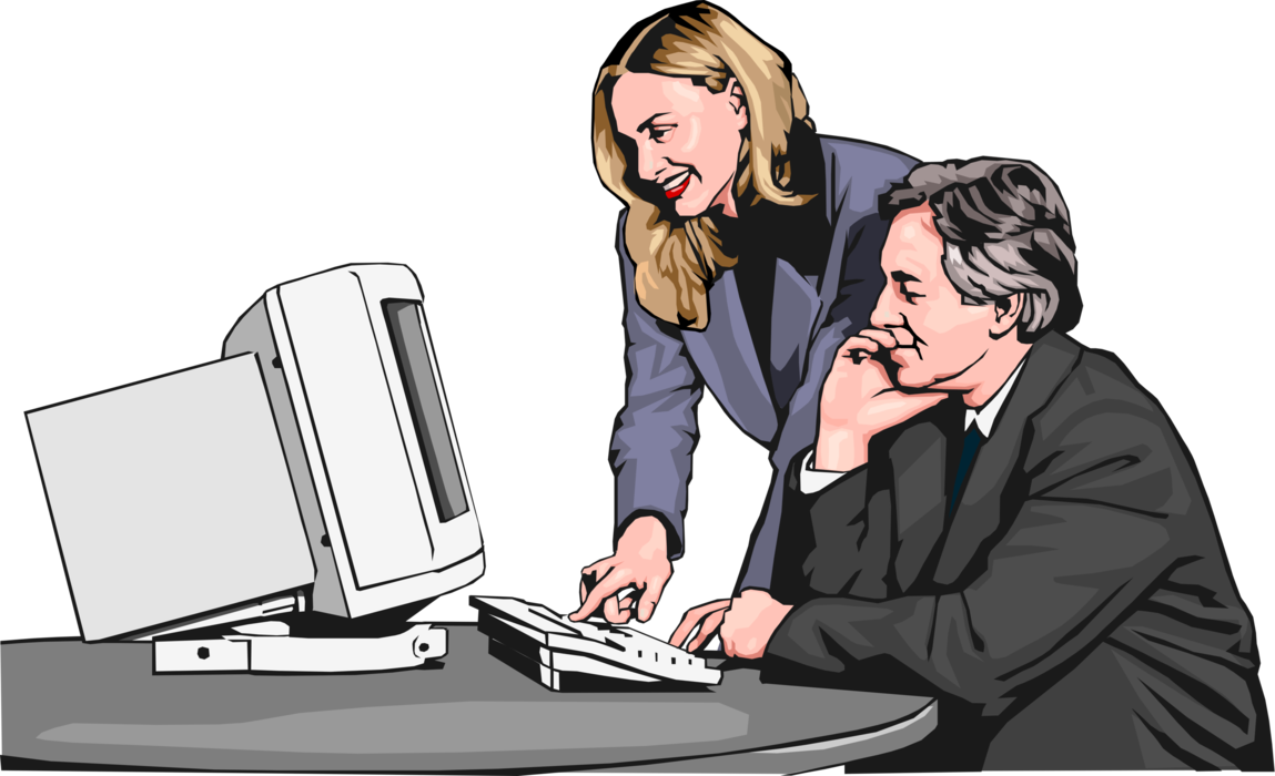 Vector Illustration of Businessman and Woman at Computer Review Information
