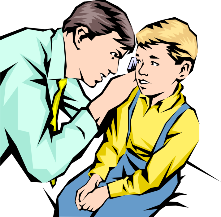 Vector Illustration of Doctor with Young Patient Uses Otoscope to Check Ears