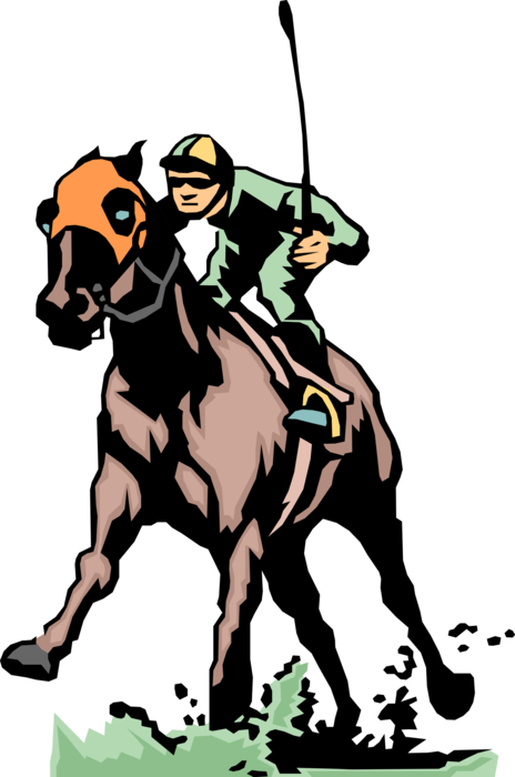Vector Illustration of Jockey Rides Horse Race Through Sloppy Track