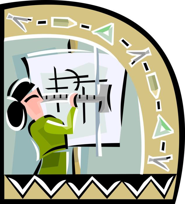 Vector Illustration of Woman Using Drafting Board Tools