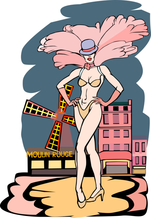 Vector Illustration of Cabaret Dancer and Windmill at Moulin Rouge in Paris, France