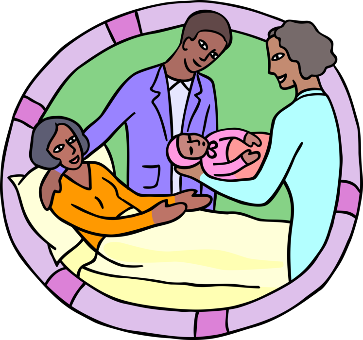 Vector Illustration of Health Care Nurse Presents Newborn Baby to Parents in Hospital Maternity Ward