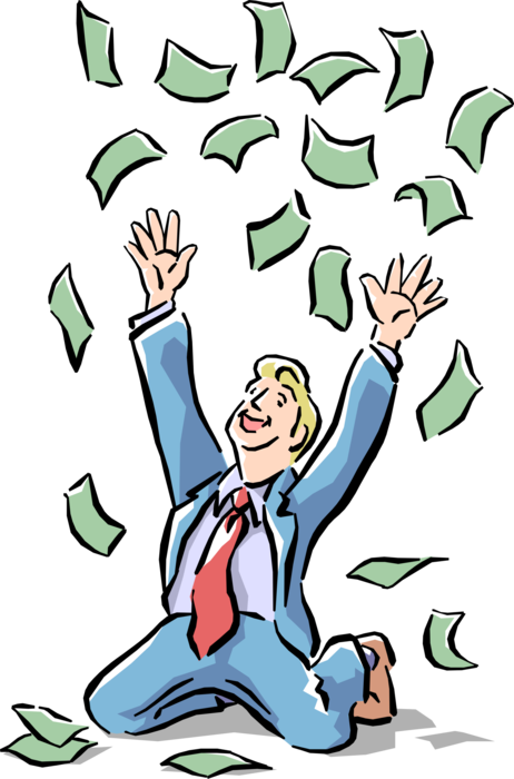 Vector Illustration of Businessman Enjoys the Fruits of His Labor with Cash Money Dollars