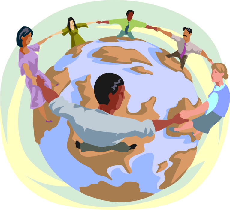 Vector Illustration of Multicultural, Diverse Group of Individuals Padlock Locking Arms Around the World