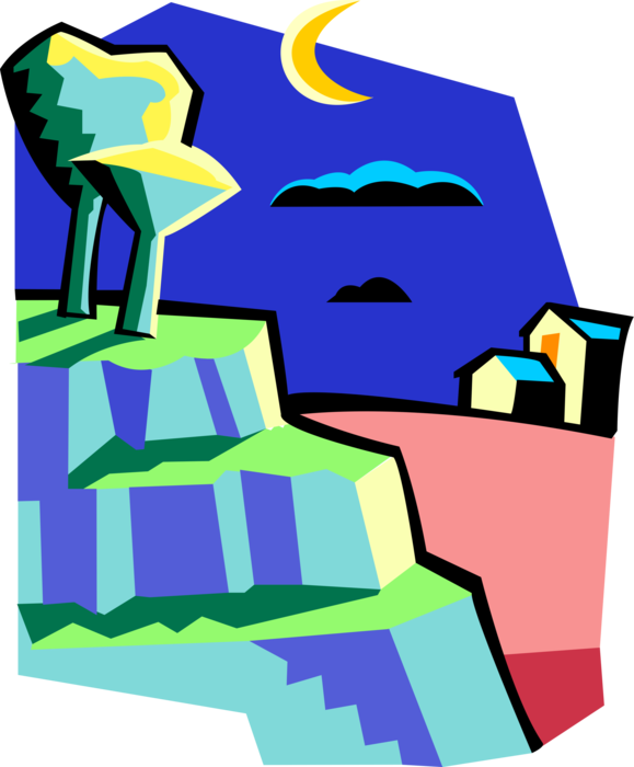 Vector Illustration of Night Scene Trees on Hill with Moon