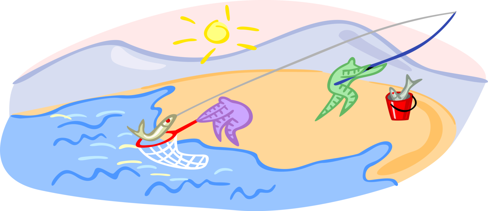 Vector Illustration of Fishermen Use Teamwork While Fishing to Land Fish