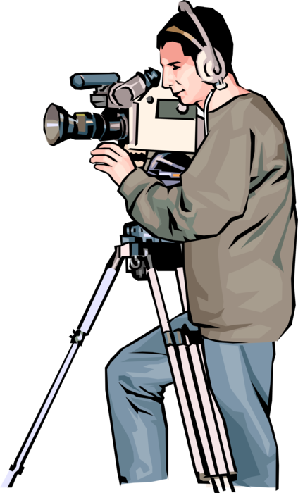 Vector Illustration of Videocamera Camcorder Video Camera Cameraman with Headphones Filming