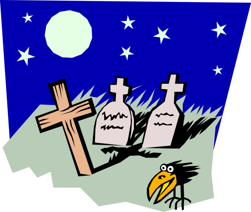 Vector Illustration of Graveyard with Cross and Tombstones and Black Crow