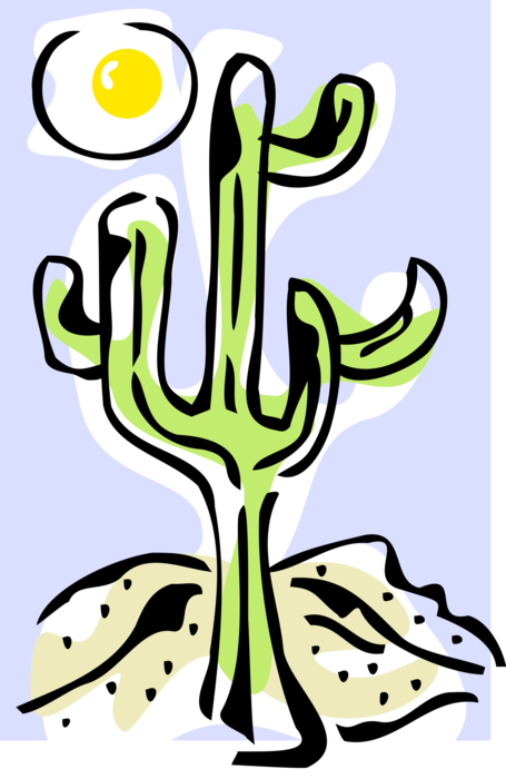 Vector Illustration of Desert Vegetation Succulent Cactus and Sun